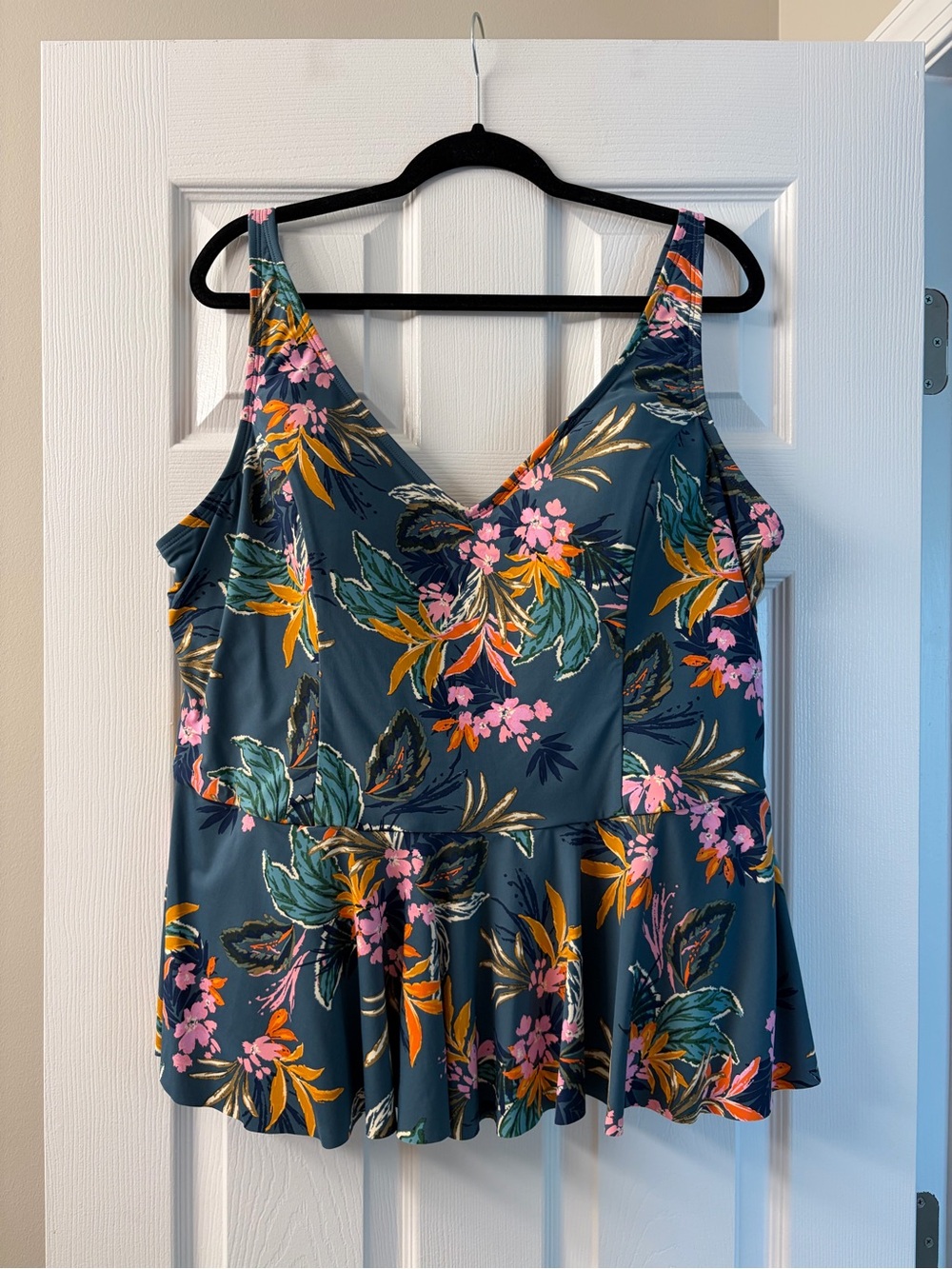 Floral V-Neck Peplum Swim Tankini in Teal with Pink & Orange Accents
